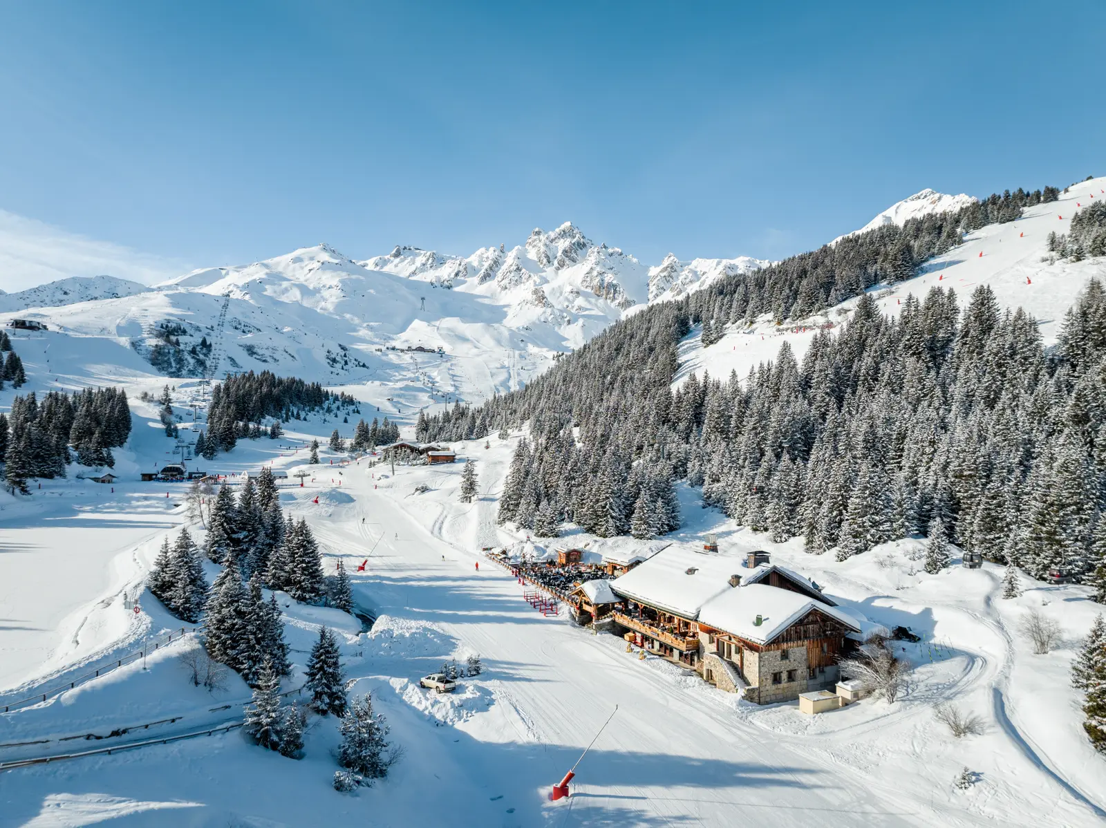Snow-covered forest and chalets in Courchevel