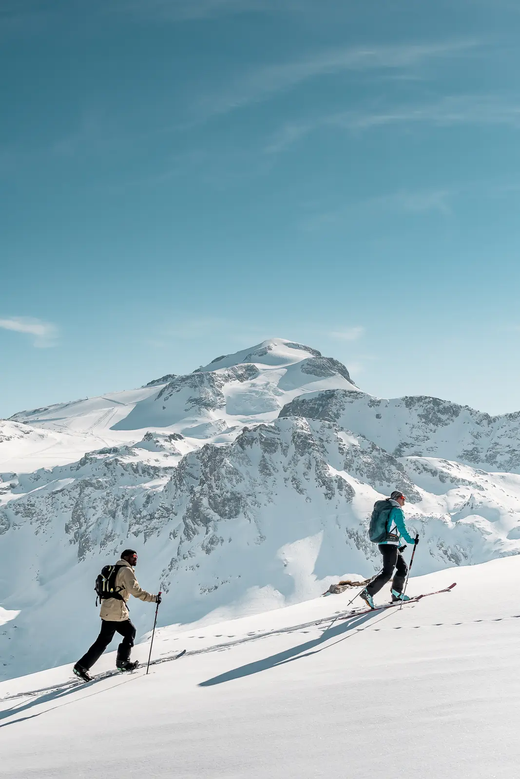 Ski touring above Tignes, with the Grande Motte glacier behind