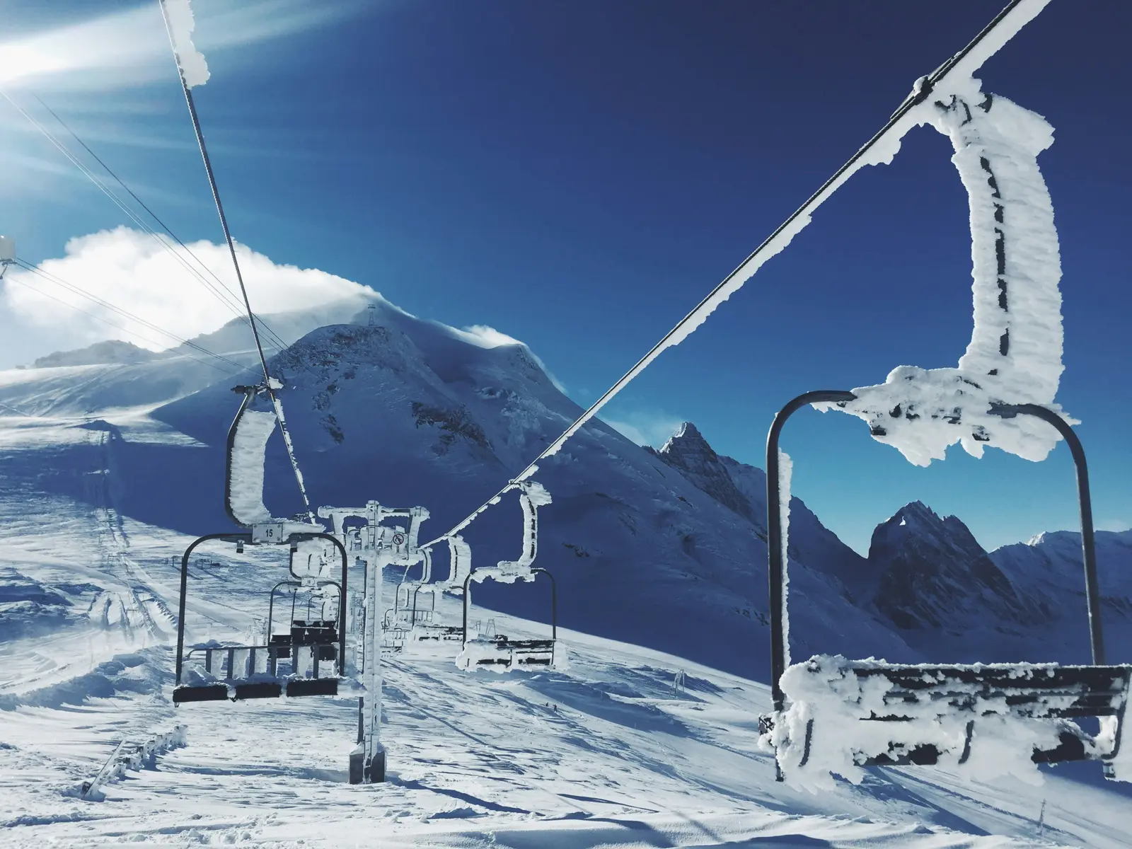 A frosted chairlift in Tignes